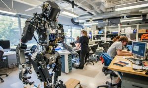Robot humanoid bekerja di laboratorium dengan teknologi AI canggih