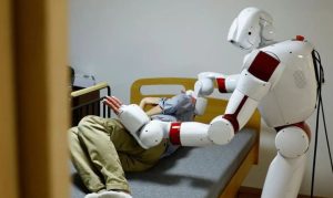 Ilustrasi teknologi AI dan robotik futuristik di industri modern